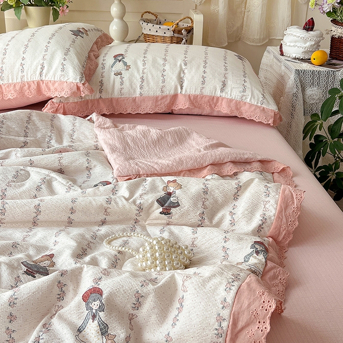 91家纺网 家纺一手货源 找家纺 仟网汇 2026新款彩色花边木棉皱皱纱夏被夏凉被空调被四件套 午后花园