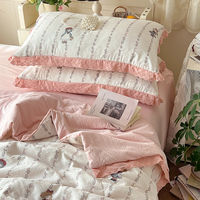 91家纺网 家纺一手货源 找家纺 仟网汇 2026新款彩色花边木棉皱皱纱夏被夏凉被空调被四件套 午后花园