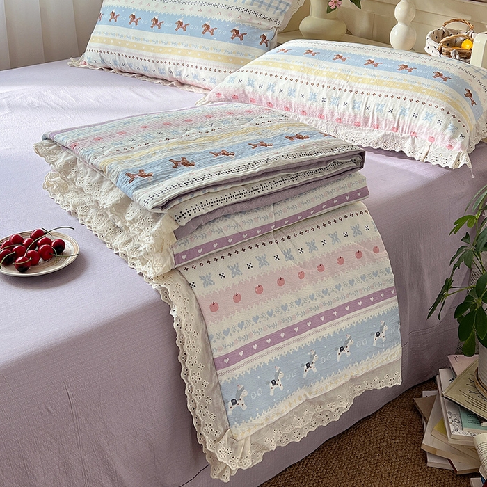 仟网汇 2026新款彩色花边木棉皱皱纱夏被夏凉被空调被四件套 小马驹