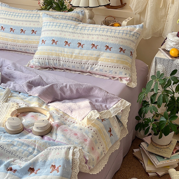 91家纺网 家纺一手货源 找家纺 仟网汇 2026新款彩色花边木棉皱皱纱夏被夏凉被空调被四件套 小马驹