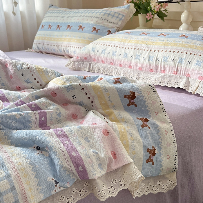 91家纺网 家纺一手货源 找家纺 仟网汇 2026新款彩色花边木棉皱皱纱夏被夏凉被空调被四件套 小马驹