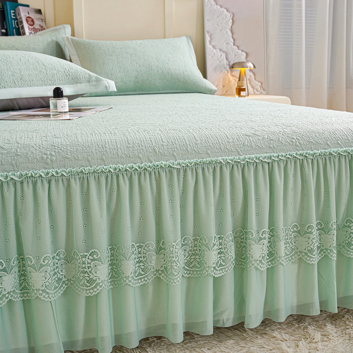 91家纺网 家纺一手货源 找家纺 欧妮家纺 2026新款A类凉感豆豆席床裙款空调凉席-席子 床裙款-小清新绿色