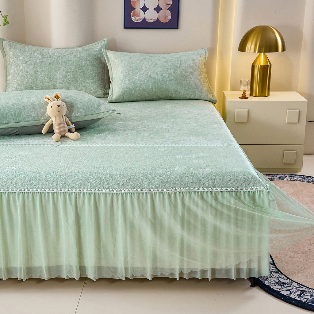 91家纺网 家纺一手货源 找家纺 欧妮家纺 2026新款A类凉感豆豆席床裙款空调凉席-席子 床裙款-喜上眉梢绿色