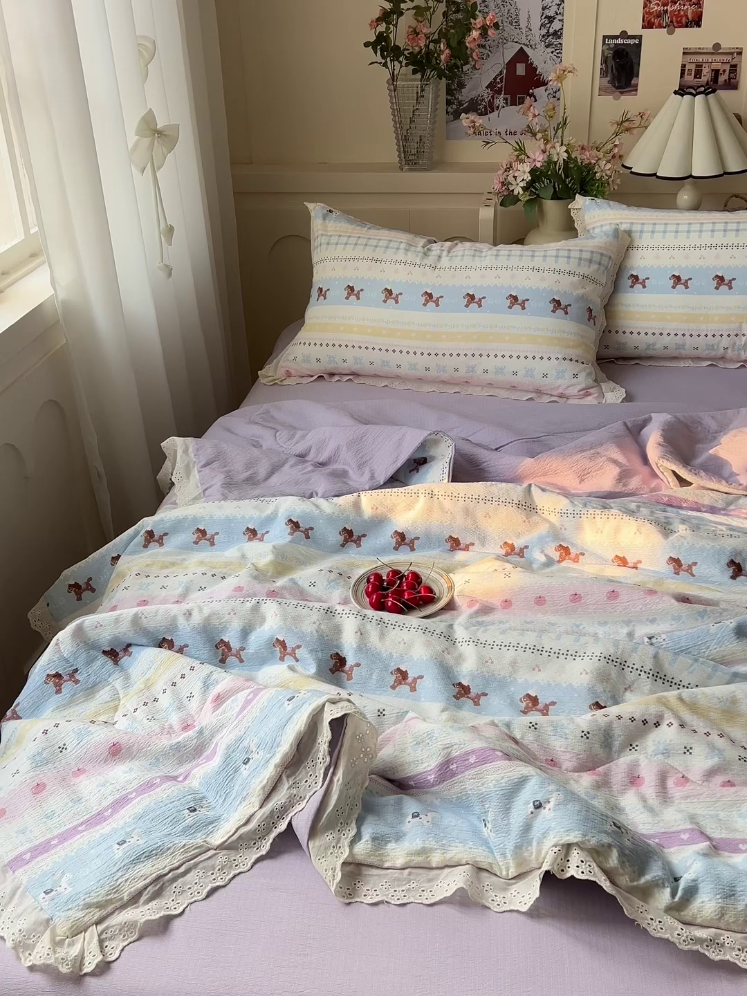 91家纺网 家纺一手货源 找家纺 仟网汇 2026新款彩色花边木棉皱皱纱夏被夏凉被空调被四件套 小马驹