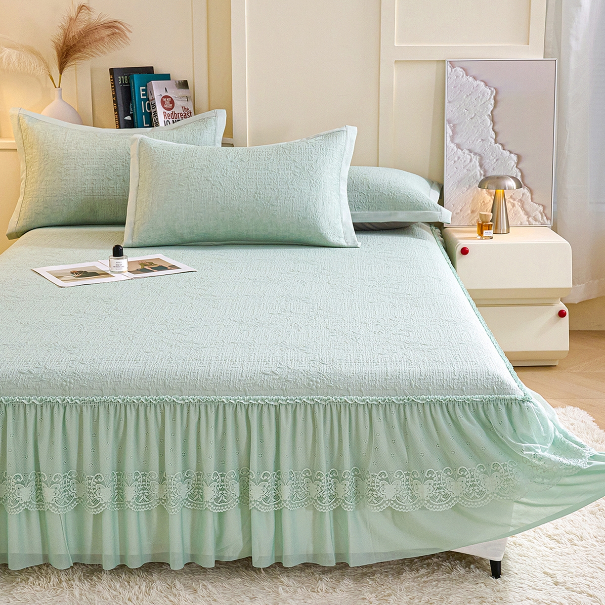 91家纺网 家纺一手货源 找家纺 欧妮家纺 2026新款A类凉感豆豆席床裙款空调凉席-席子 床裙款-小清新绿色