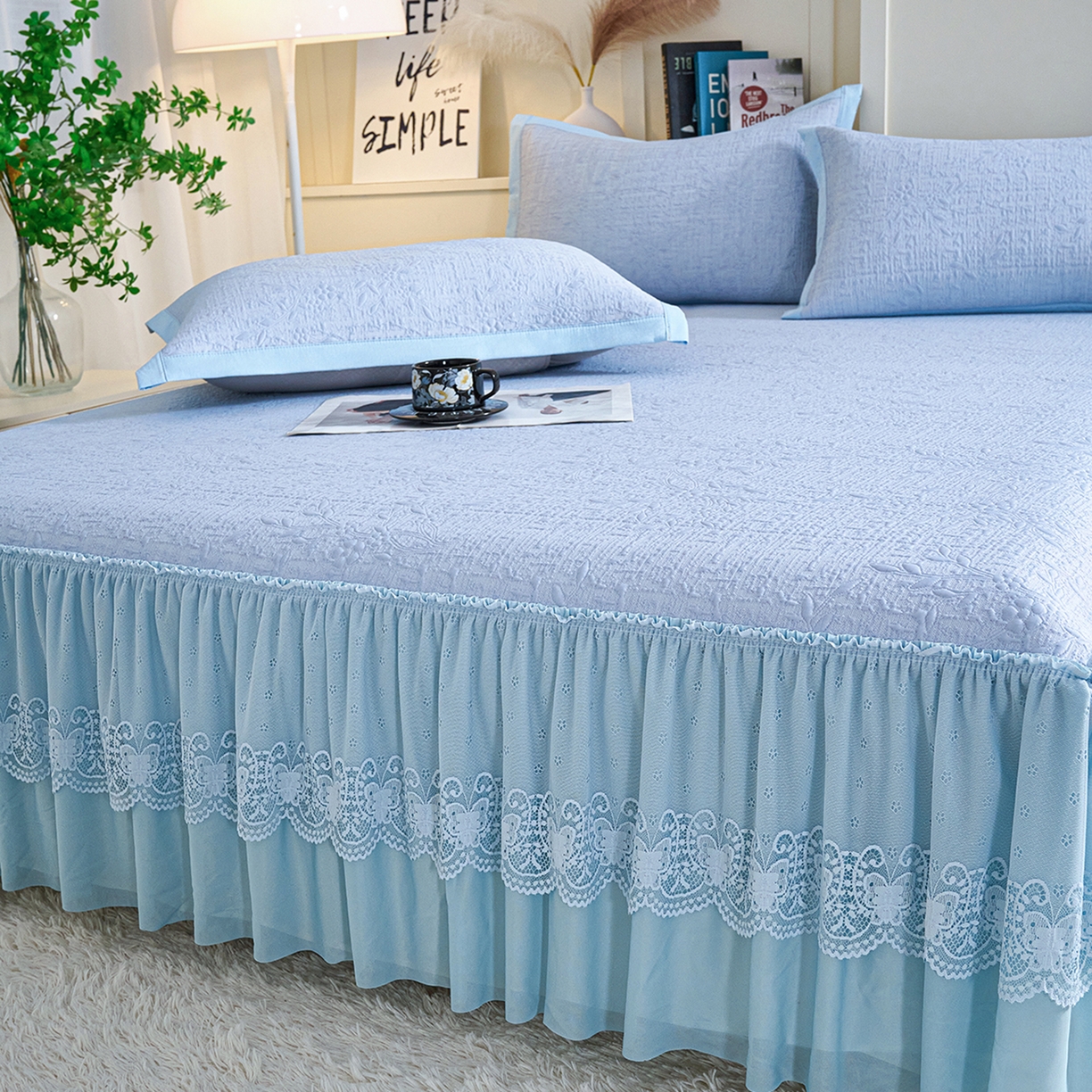 91家纺网 家纺一手货源 找家纺 欧妮家纺 2026新款A类凉感豆豆席床裙款空调凉席-席子 床裙款-小清新蓝色