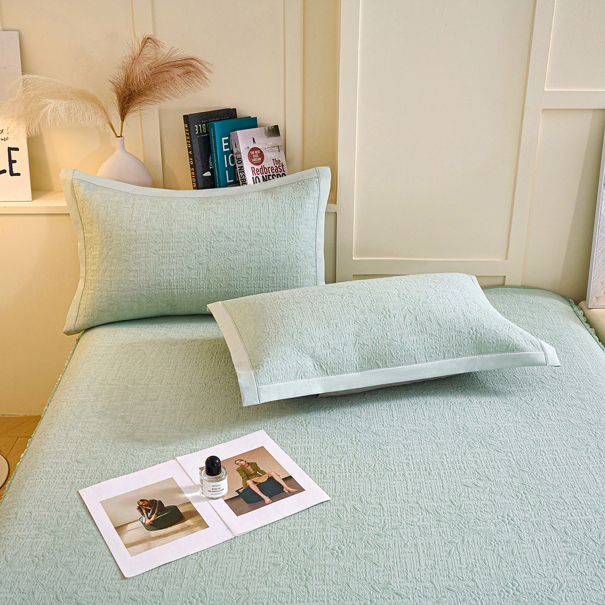 91家纺网 家纺一手货源 找家纺 欧妮家纺 2026新款A类凉感豆豆席床裙款空调凉席-席子 床裙款-小清新绿色