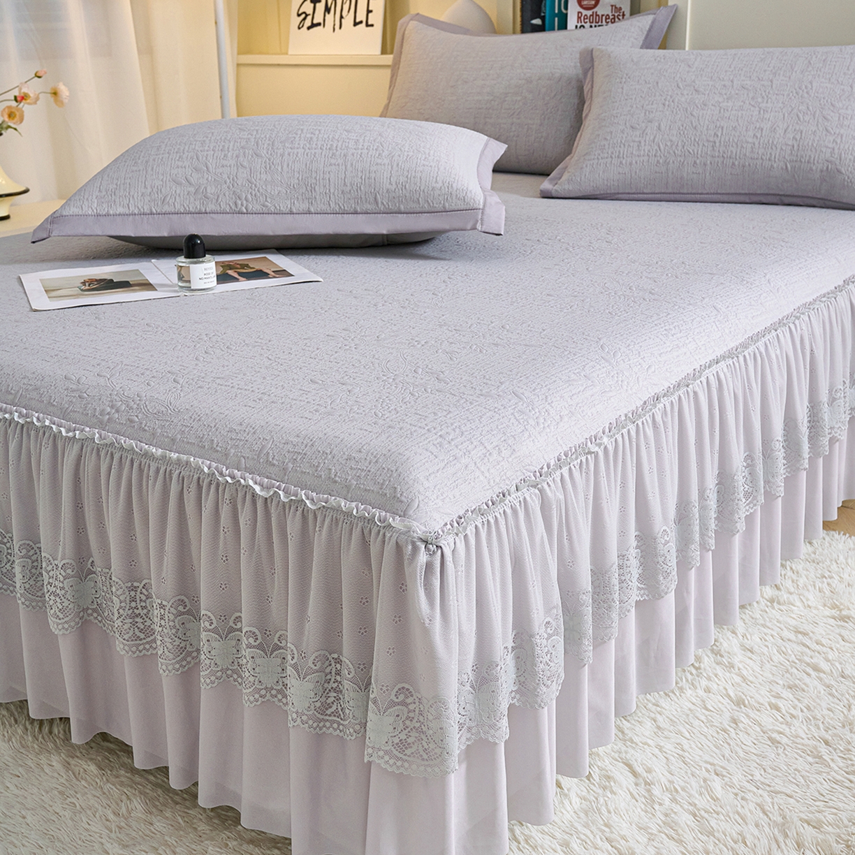 91家纺网 家纺一手货源 找家纺 欧妮家纺 2026新款A类凉感豆豆席床裙款空调凉席-席子 床裙款-小清新灰色