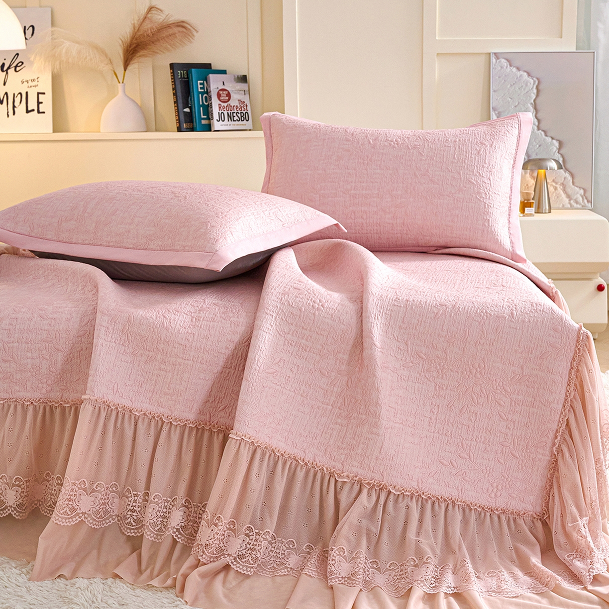 91家纺网 家纺一手货源 找家纺 欧妮家纺 2026新款A类凉感豆豆席床裙款空调凉席-席子 床裙款-小清新粉色