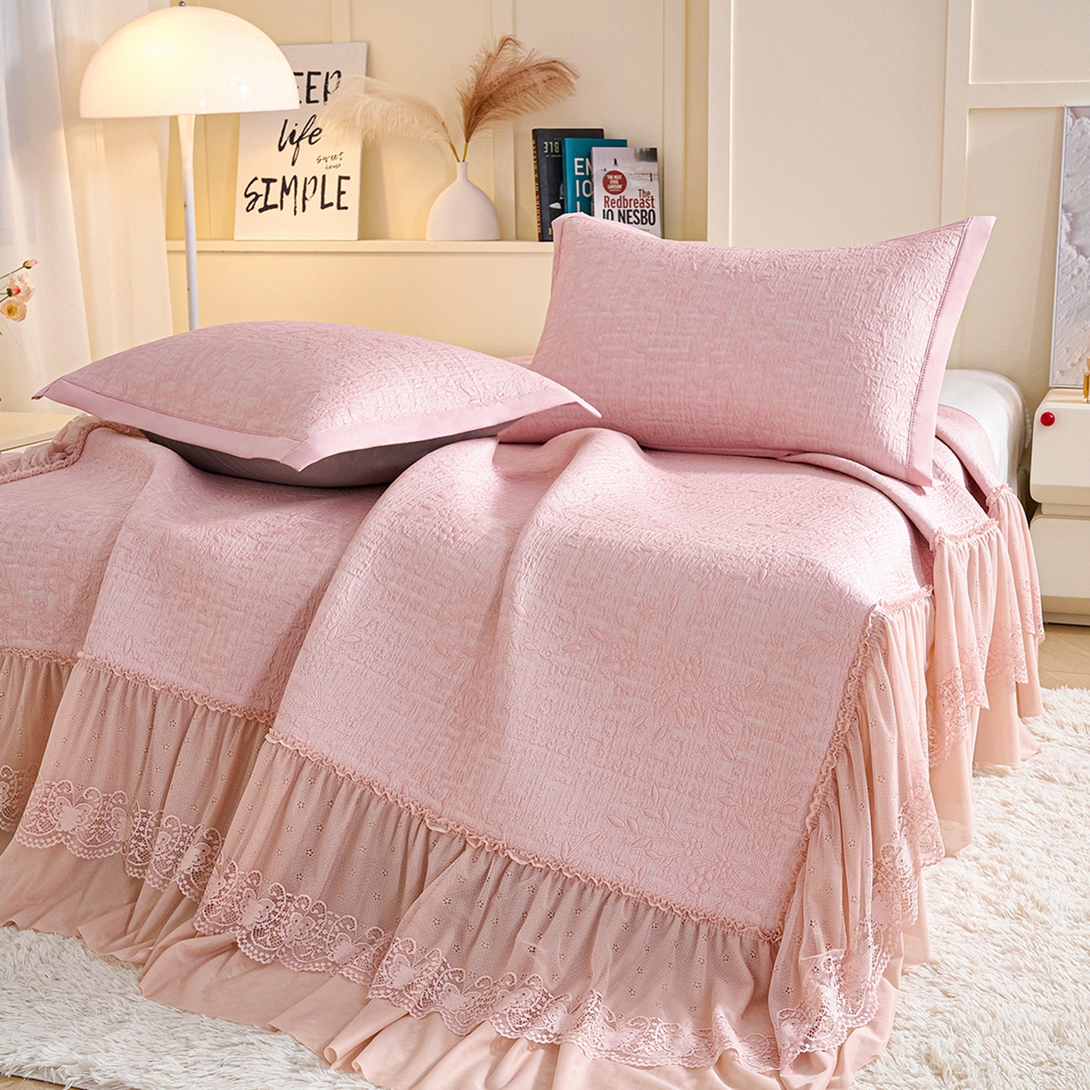 91家纺网 家纺一手货源 找家纺 欧妮家纺 2026新款A类凉感豆豆席床裙款空调凉席-席子 床裙款-小清新粉色