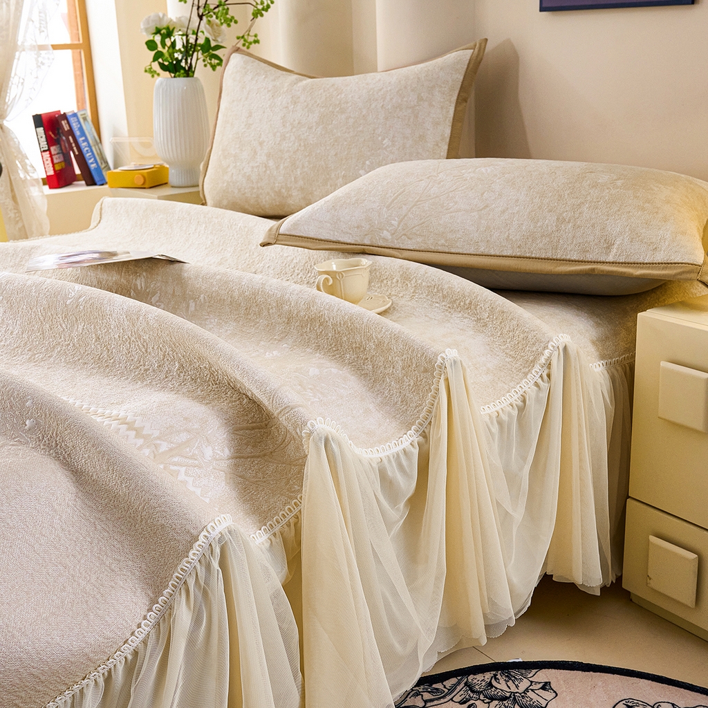 91家纺网 家纺一手货源 找家纺 欧妮家纺 2026新款A类凉感豆豆席床裙款空调凉席-席子 床裙款-喜上眉梢米色