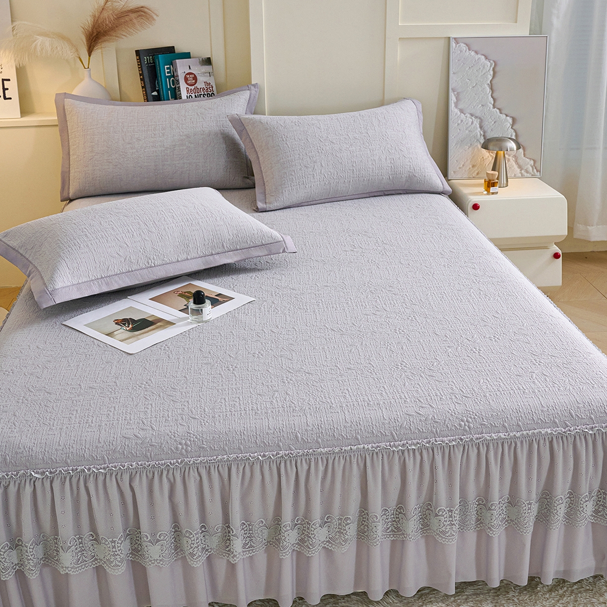 91家纺网 家纺一手货源 找家纺 欧妮家纺 2026新款A类凉感豆豆席床裙款空调凉席-席子 床裙款-小清新灰色