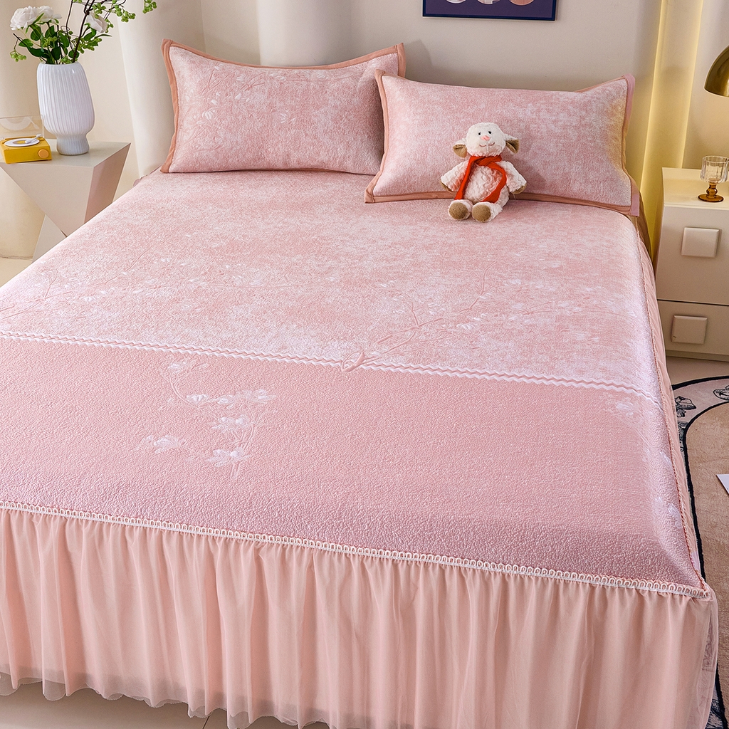 91家纺网 家纺一手货源 找家纺 欧妮家纺 2026新款A类凉感豆豆席床裙款空调凉席-席子 床裙款-喜上眉梢粉色