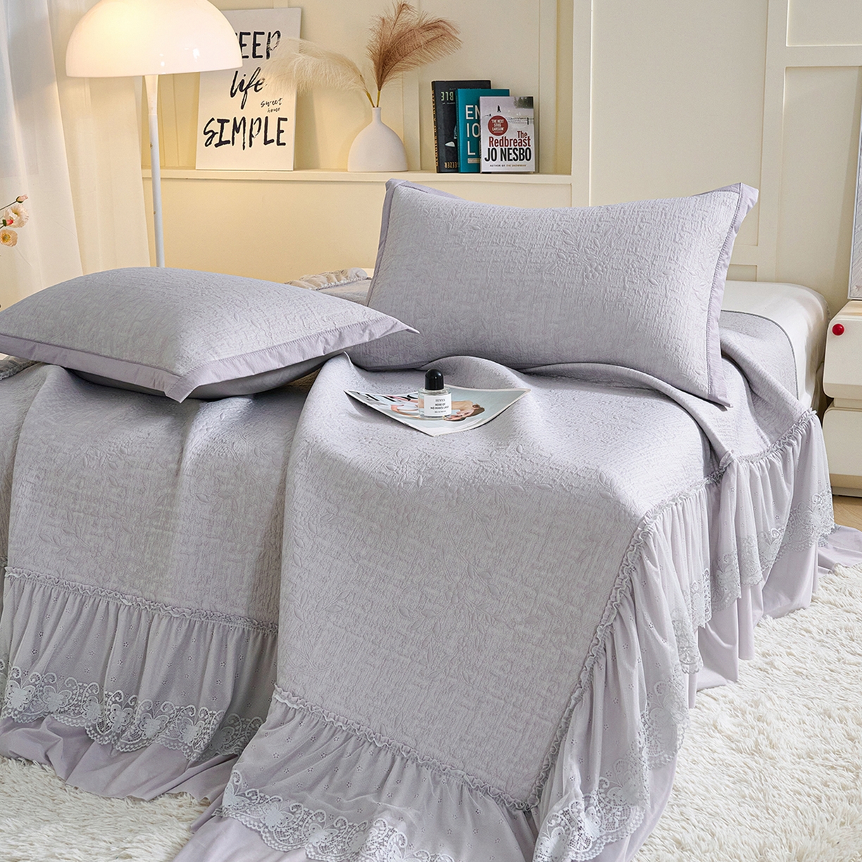 91家纺网 家纺一手货源 找家纺 欧妮家纺 2026新款A类凉感豆豆席床裙款空调凉席-席子 床裙款-小清新灰色