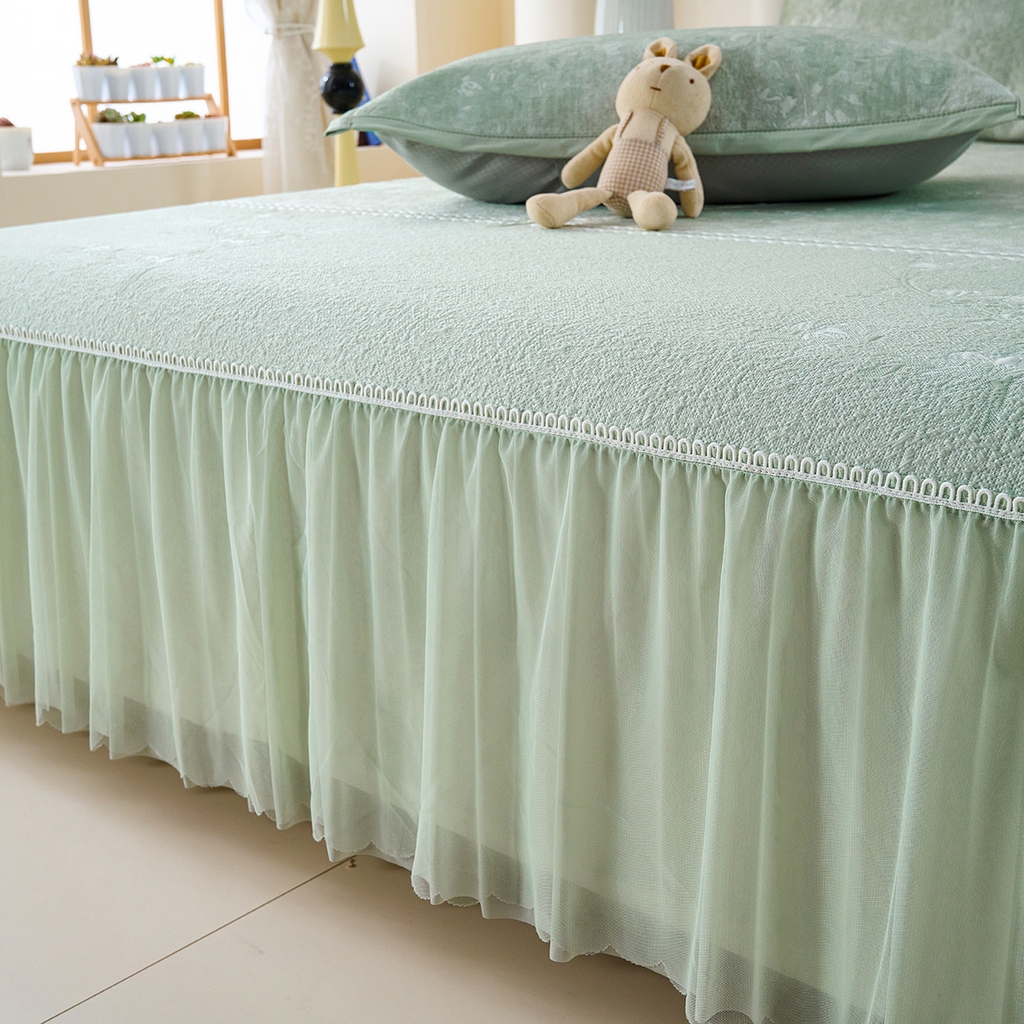 91家纺网 家纺一手货源 找家纺 欧妮家纺 2026新款A类凉感豆豆席床裙款空调凉席-席子 床裙款-喜上眉梢绿色