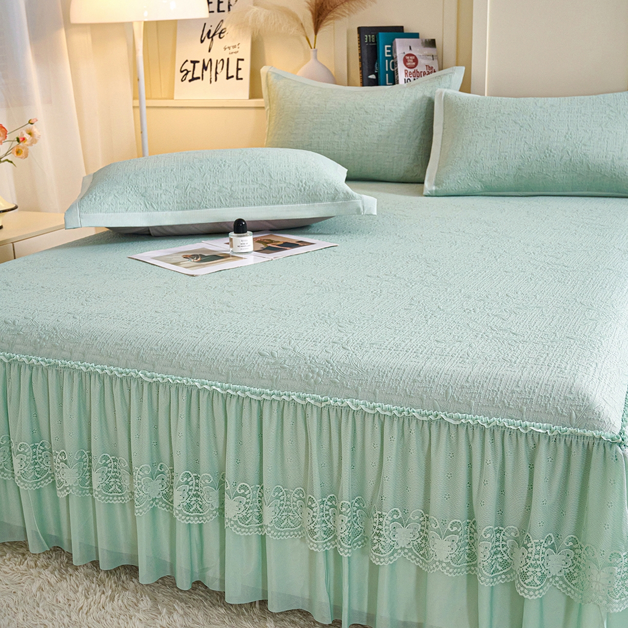 91家纺网 家纺一手货源 找家纺 欧妮家纺 2026新款A类凉感豆豆席床裙款空调凉席-席子 床裙款-小清新绿色