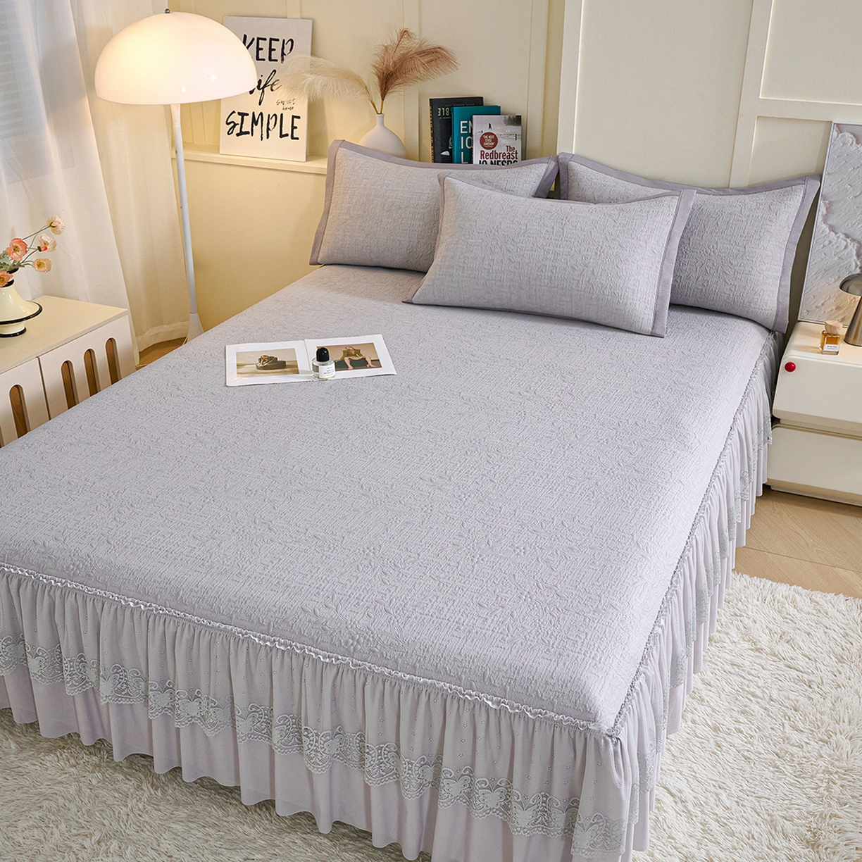 91家纺网 家纺一手货源 找家纺 欧妮家纺 2026新款A类凉感豆豆席床裙款空调凉席-席子 床裙款-小清新灰色