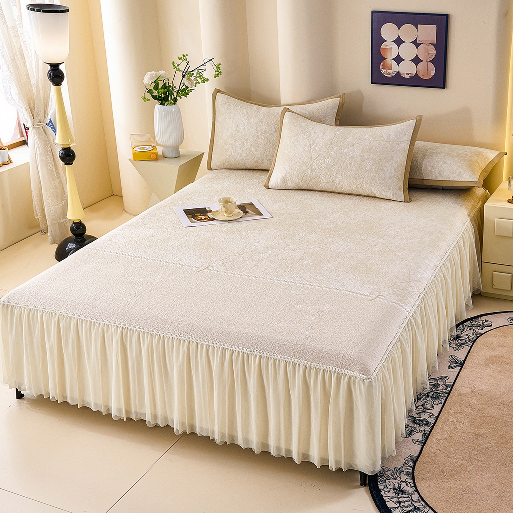 91家纺网 家纺一手货源 找家纺 欧妮家纺 2026新款A类凉感豆豆席床裙款空调凉席-席子 床裙款-喜上眉梢米色