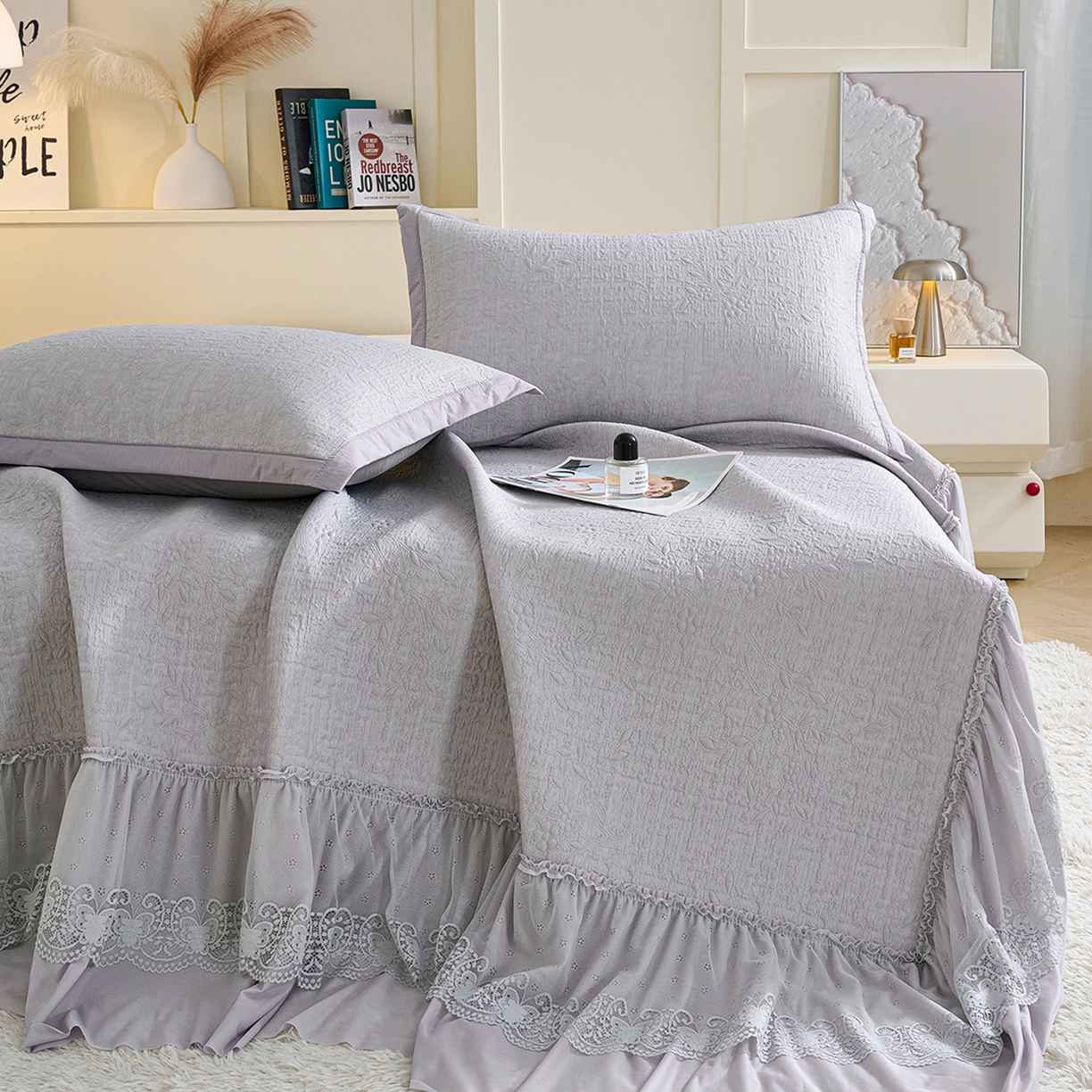 91家纺网 家纺一手货源 找家纺 欧妮家纺 2026新款A类凉感豆豆席床裙款空调凉席-席子 床裙款-小清新灰色