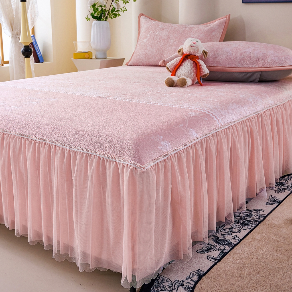 91家纺网 家纺一手货源 找家纺 欧妮家纺 2026新款A类凉感豆豆席床裙款空调凉席-席子 床裙款-喜上眉梢粉色