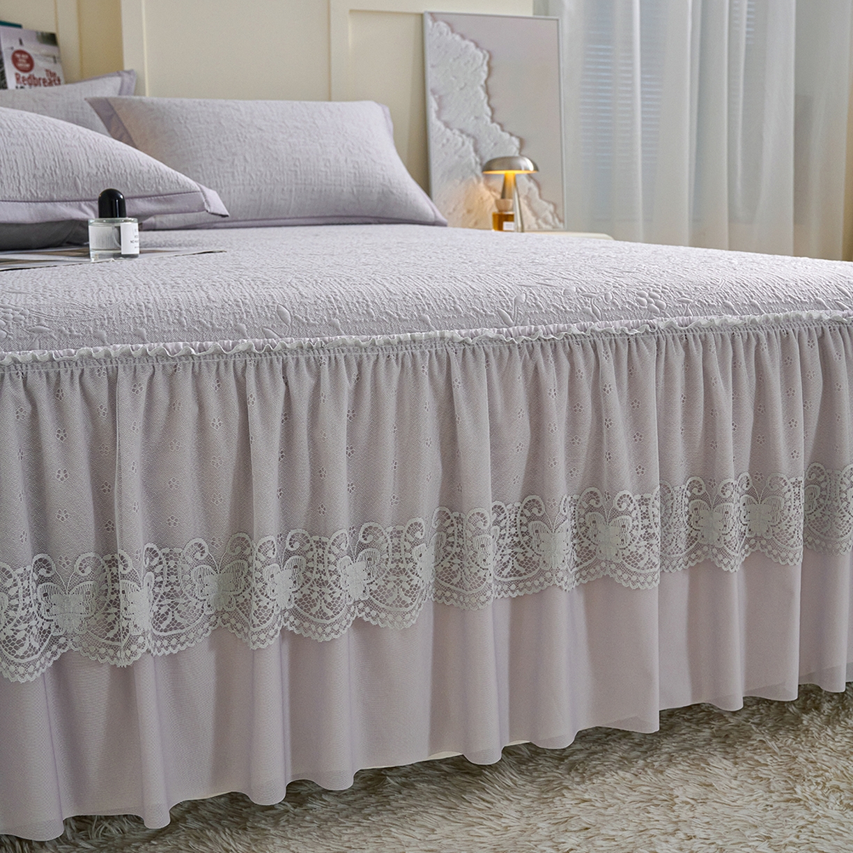 91家纺网 家纺一手货源 找家纺 欧妮家纺 2026新款A类凉感豆豆席床裙款空调凉席-席子 床裙款-小清新灰色