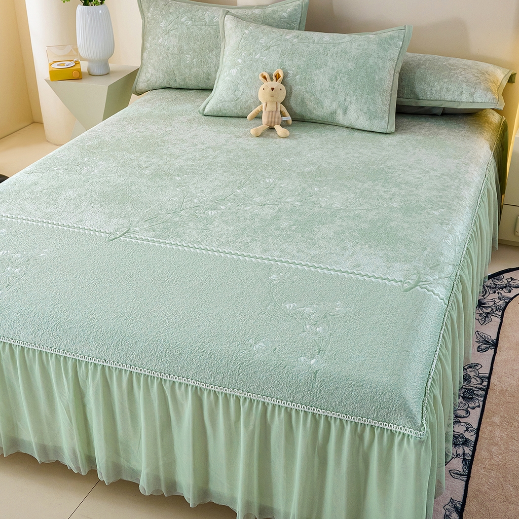 91家纺网 家纺一手货源 找家纺 欧妮家纺 2026新款A类凉感豆豆席床裙款空调凉席-席子 床裙款-喜上眉梢绿色