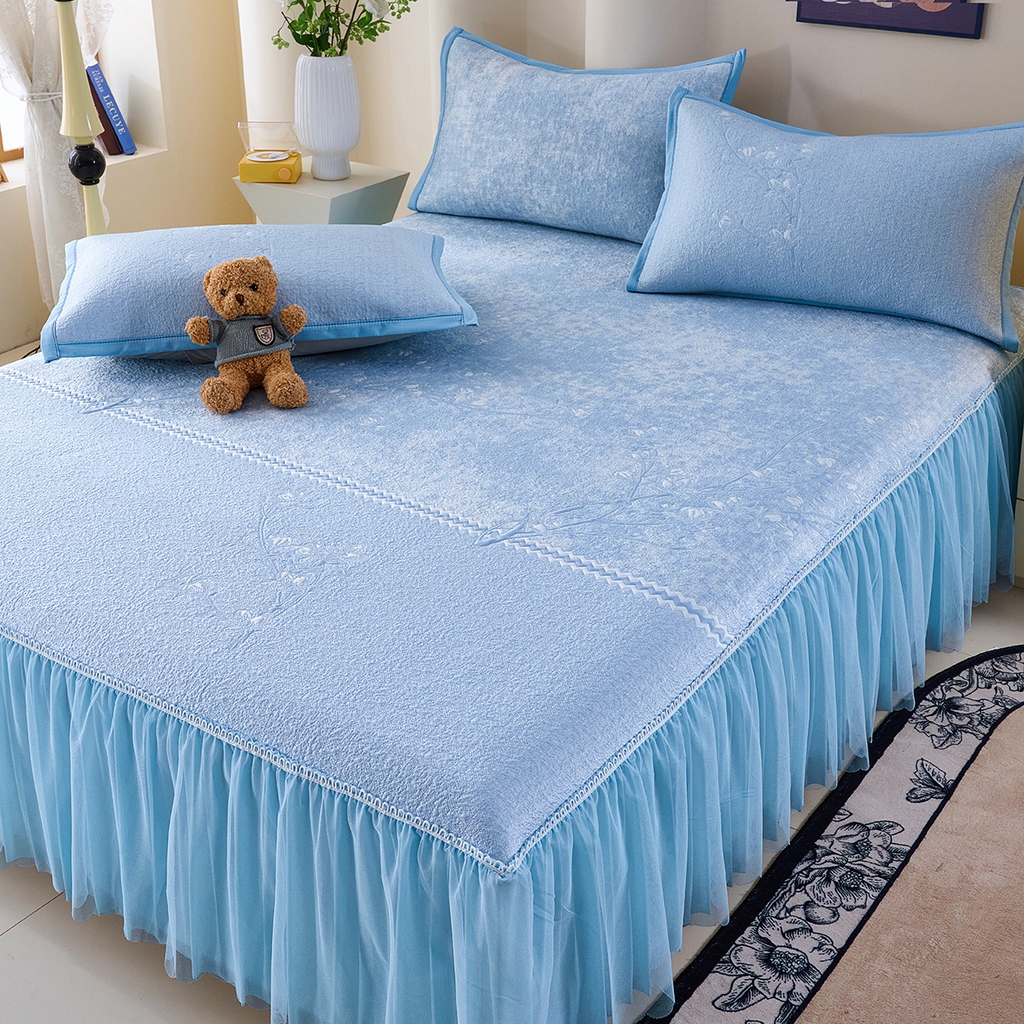 91家纺网 家纺一手货源 找家纺 欧妮家纺 2026新款A类凉感豆豆席床裙款空调凉席-席子 床裙款-喜上眉梢蓝色