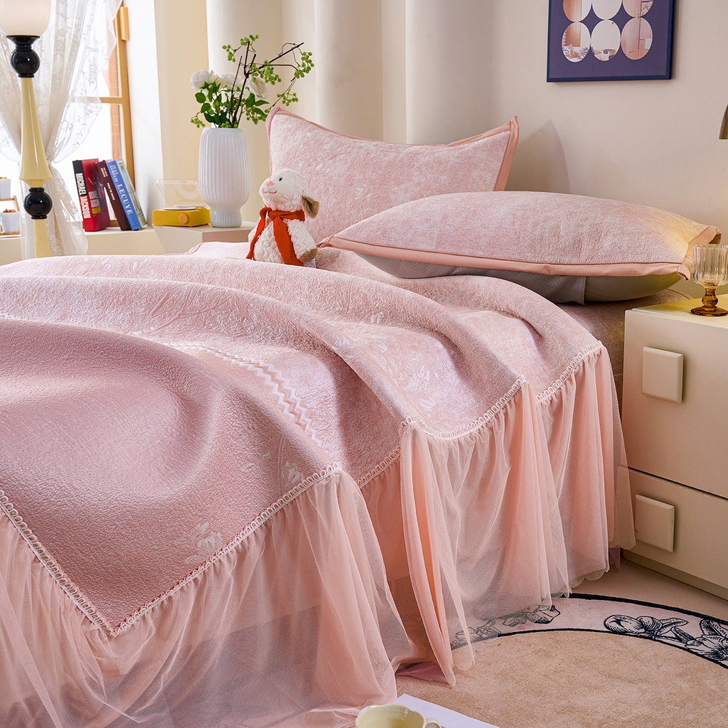 91家纺网 家纺一手货源 找家纺 欧妮家纺 2026新款A类凉感豆豆席床裙款空调凉席-席子 床裙款-喜上眉梢粉色