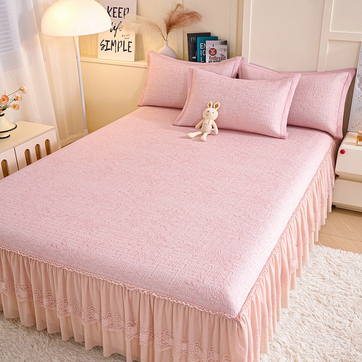 91家纺网 家纺一手货源 找家纺 欧妮家纺 2026新款A类凉感豆豆席床裙款空调凉席-席子 床裙款-小清新粉色