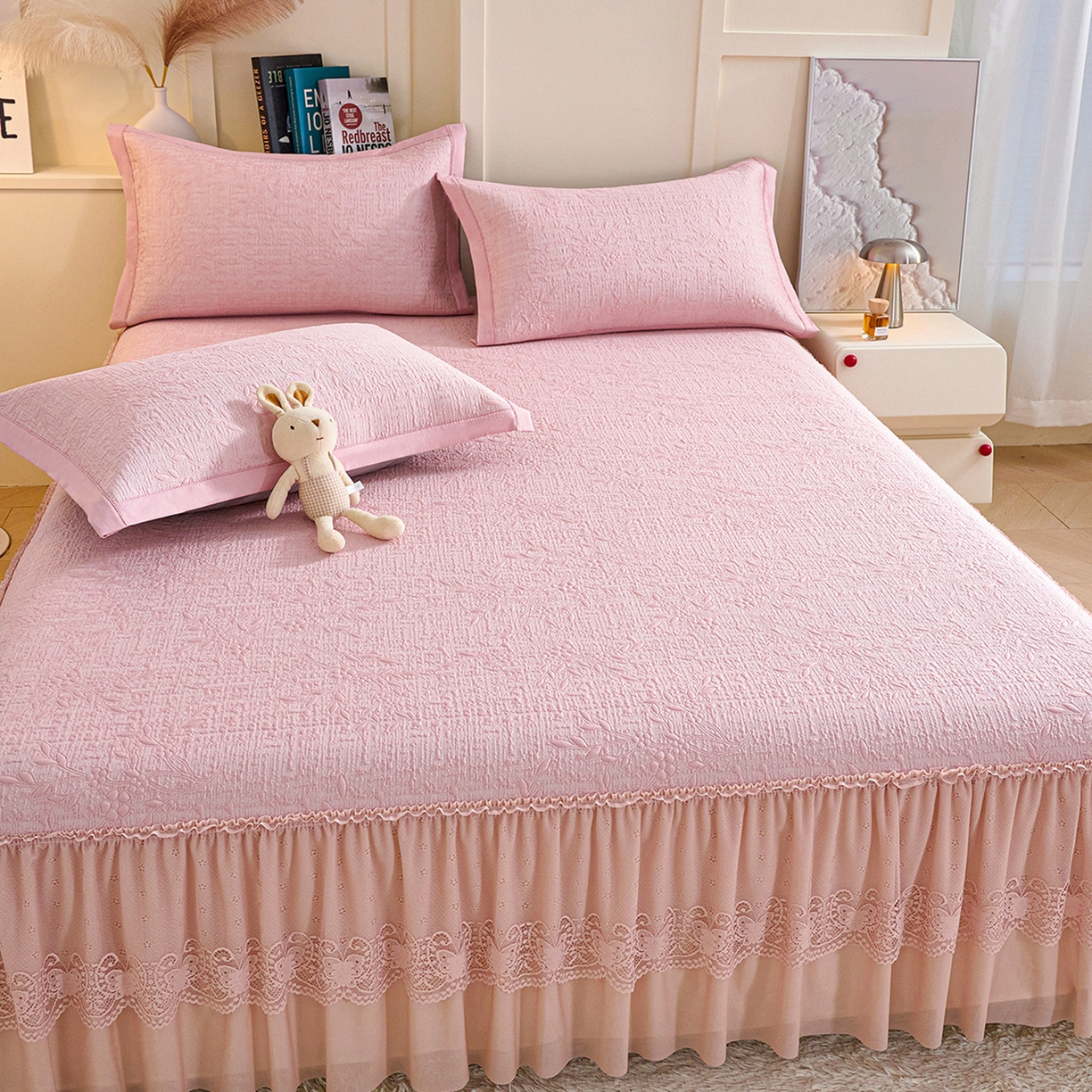 91家纺网 家纺一手货源 找家纺 欧妮家纺 2026新款A类凉感豆豆席床裙款空调凉席-席子 床裙款-小清新粉色