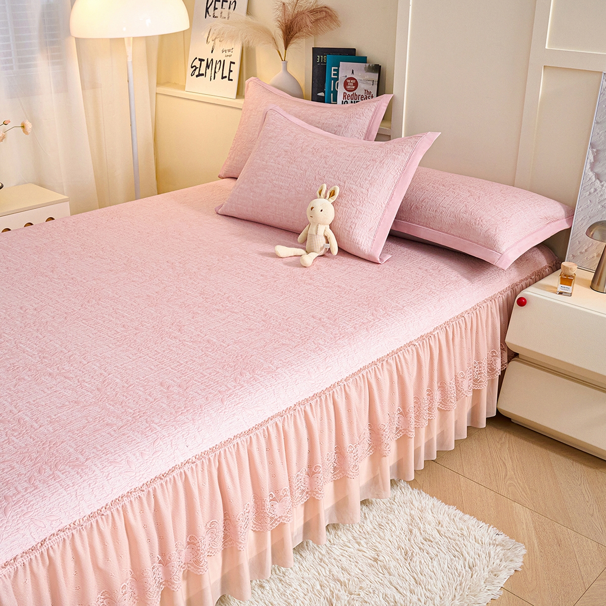 91家纺网 家纺一手货源 找家纺 欧妮家纺 2026新款A类凉感豆豆席床裙款空调凉席-席子 床裙款-小清新粉色