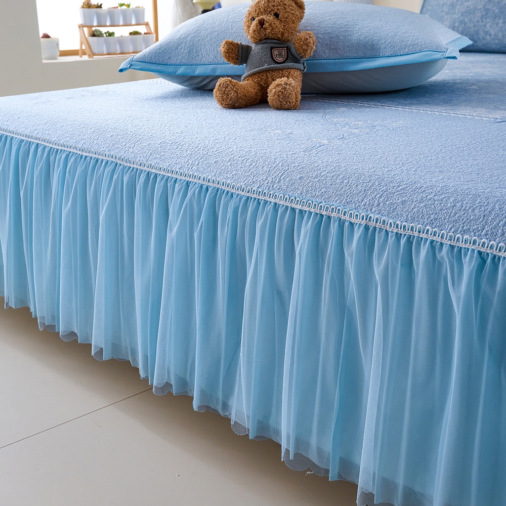 91家纺网 家纺一手货源 找家纺 欧妮家纺 2026新款A类凉感豆豆席床裙款空调凉席-席子 床裙款-喜上眉梢蓝色