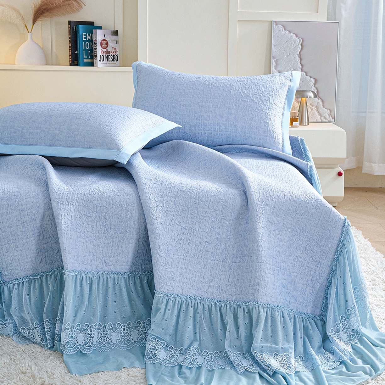 91家纺网 家纺一手货源 找家纺 欧妮家纺 2026新款A类凉感豆豆席床裙款空调凉席-席子 床裙款-小清新蓝色