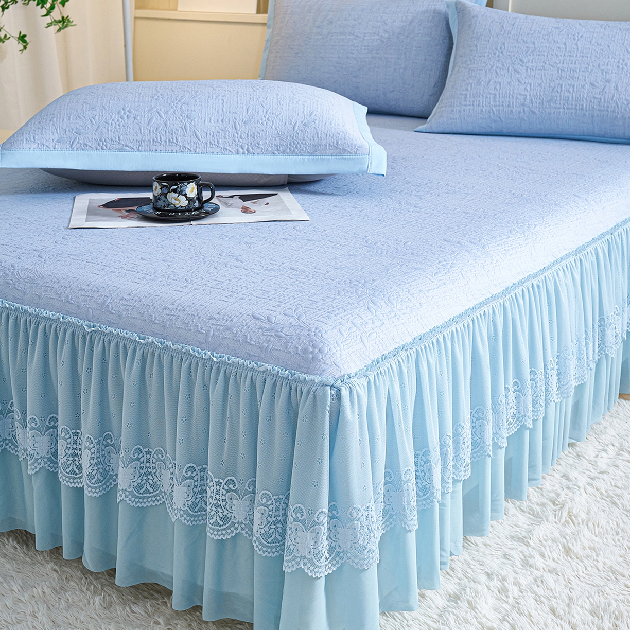 91家纺网 家纺一手货源 找家纺 欧妮家纺 2026新款A类凉感豆豆席床裙款空调凉席-席子 床裙款-小清新蓝色