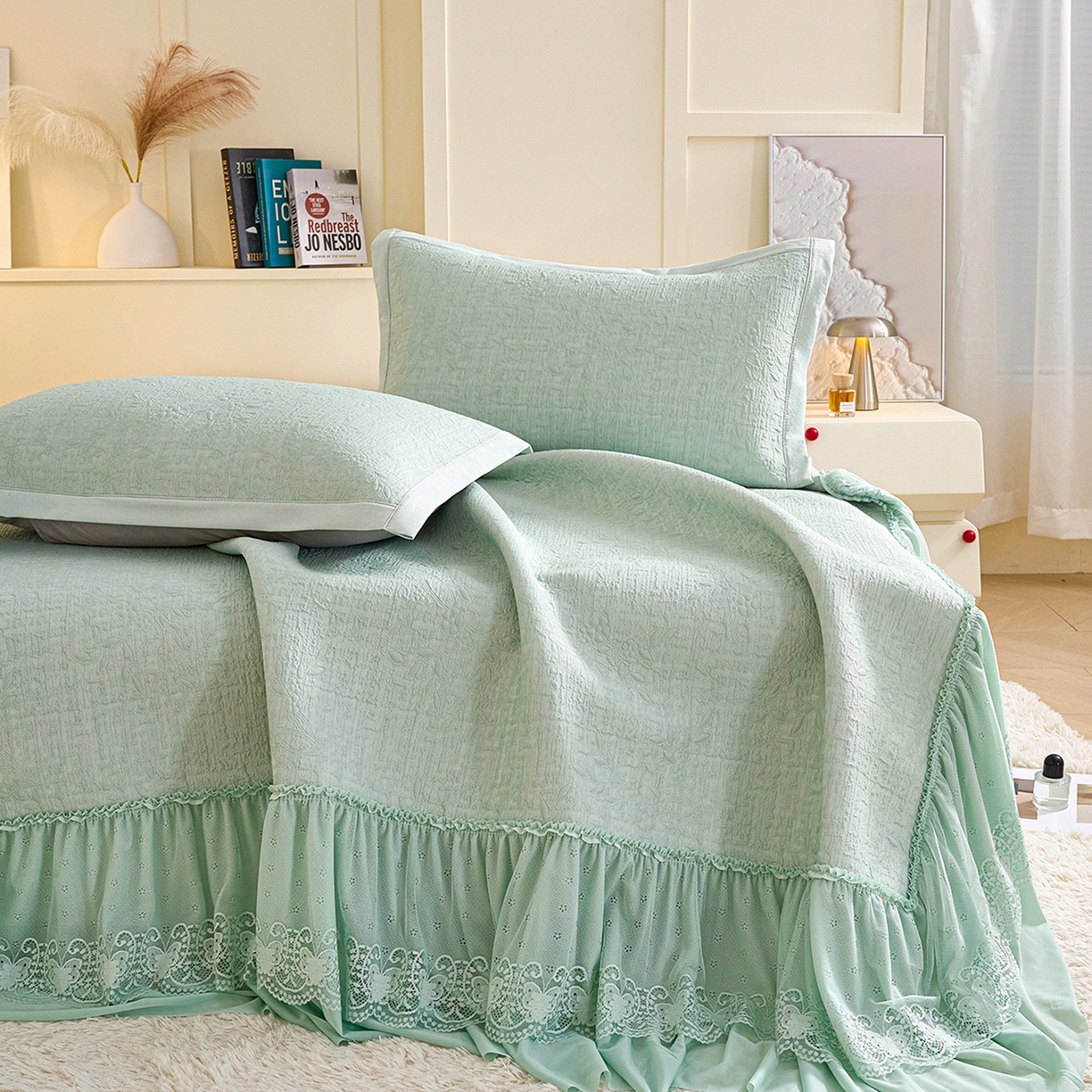 91家纺网 家纺一手货源 找家纺 欧妮家纺 2026新款A类凉感豆豆席床裙款空调凉席-席子 床裙款-小清新绿色