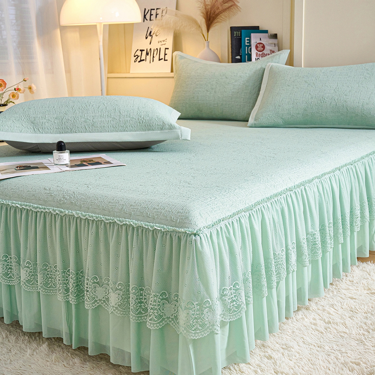 91家纺网 家纺一手货源 找家纺 欧妮家纺 2026新款A类凉感豆豆席床裙款空调凉席-席子 床裙款-小清新绿色