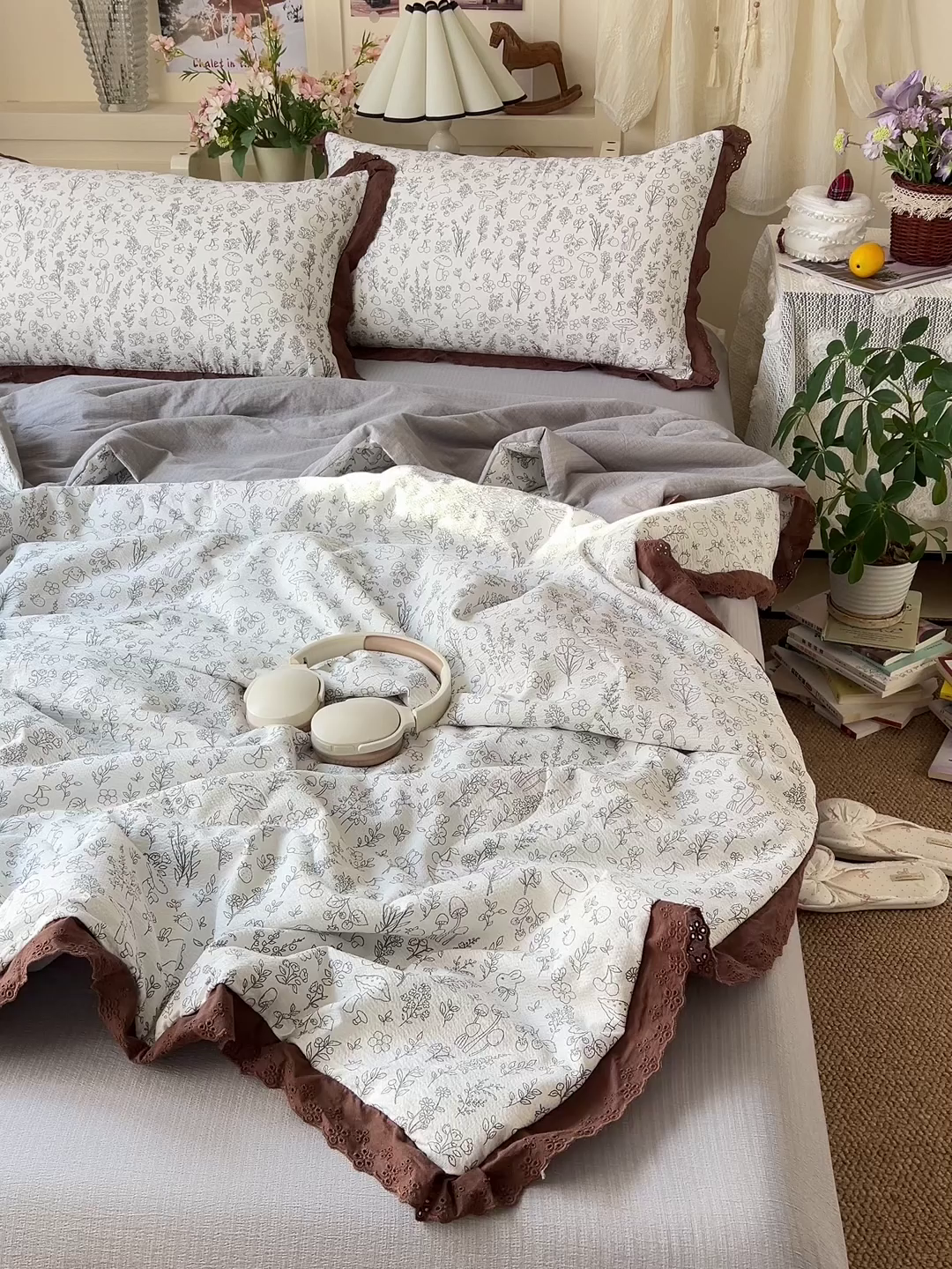 91家纺网 家纺一手货源 找家纺 仟网汇 2026新款彩色花边木棉皱皱纱夏被夏凉被空调被四件套 野餐兔