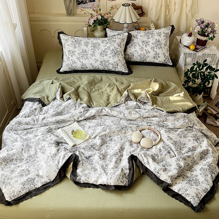 91家纺网 家纺一手货源 找家纺 仟网汇 2026新款彩色花边木棉皱皱纱夏被夏凉被空调被四件套 悠然