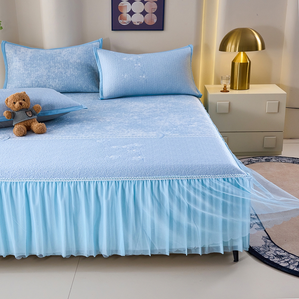 91家纺网 家纺一手货源 找家纺 欧妮家纺 2026新款A类凉感豆豆席床裙款空调凉席-席子 床裙款-喜上眉梢蓝色