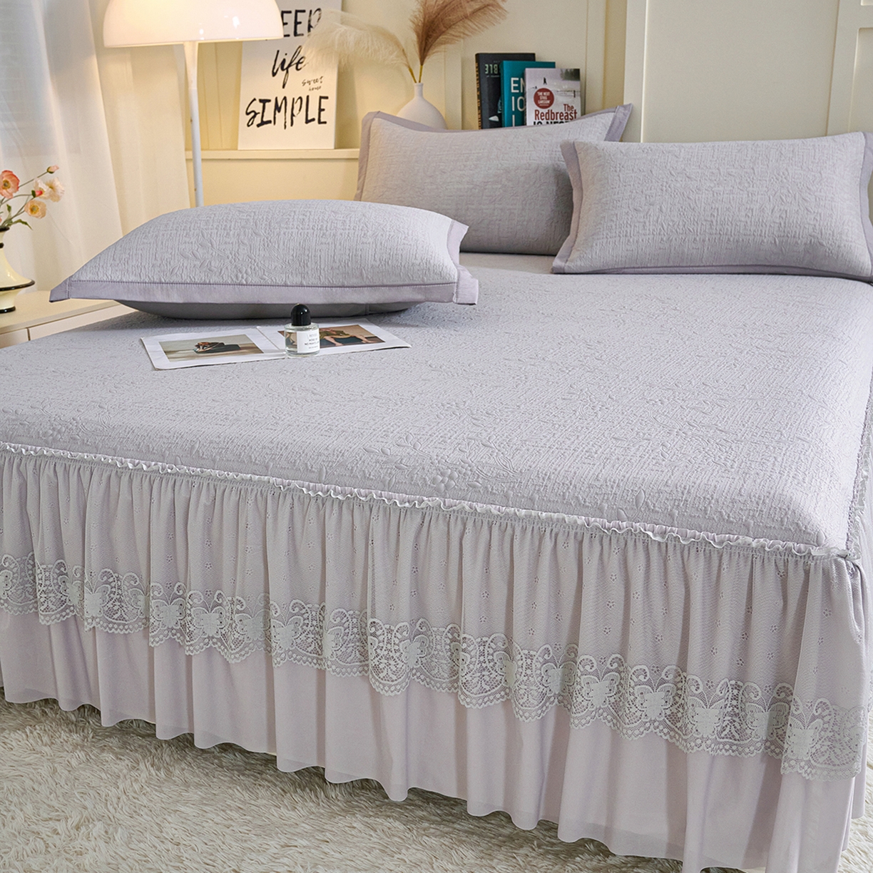 91家纺网 家纺一手货源 找家纺 欧妮家纺 2026新款A类凉感豆豆席床裙款空调凉席-席子 床裙款-小清新灰色