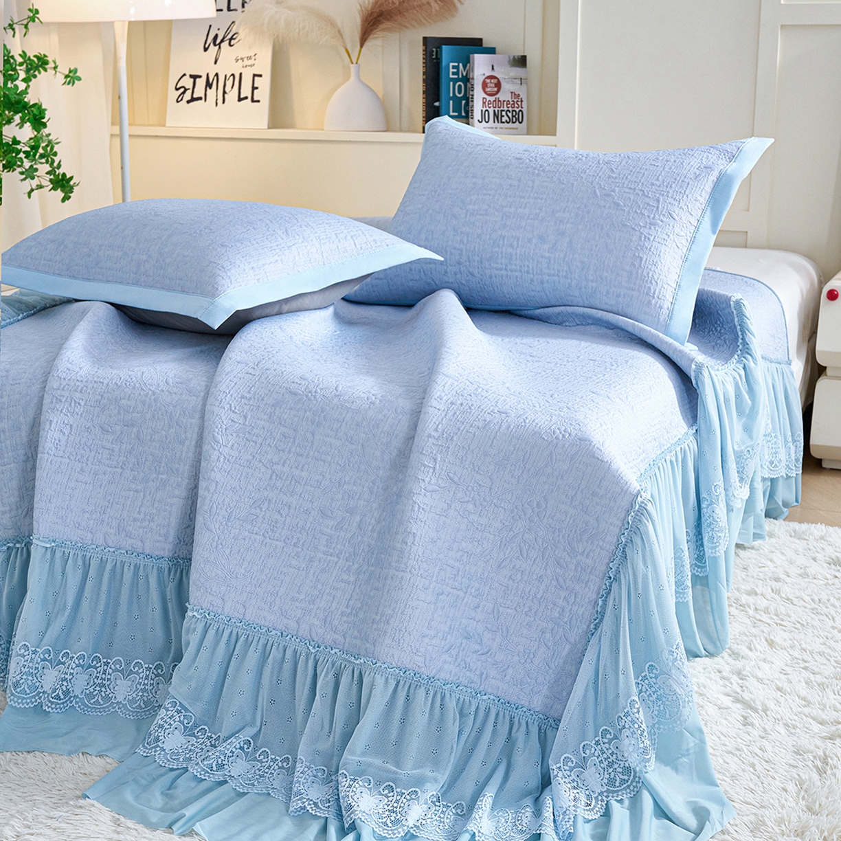 91家纺网 家纺一手货源 找家纺 欧妮家纺 2026新款A类凉感豆豆席床裙款空调凉席-席子 床裙款-小清新蓝色