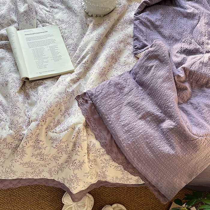 91家纺网 家纺一手货源 找家纺 仟网汇 2026新款彩色花边木棉皱皱纱夏被夏凉被空调被四件套 紫烟