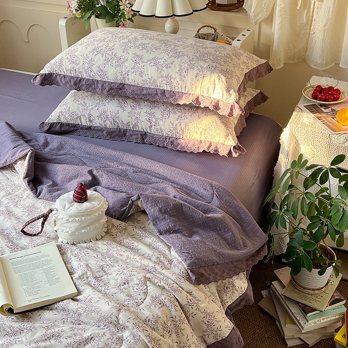 91家纺网 家纺一手货源 找家纺 仟网汇 2026新款彩色花边木棉皱皱纱夏被夏凉被空调被四件套 紫烟