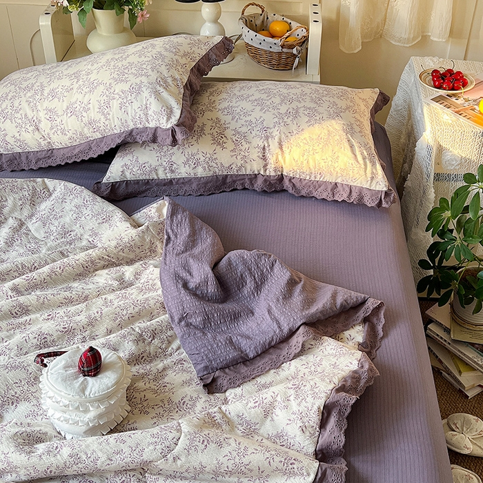91家纺网 家纺一手货源 找家纺 仟网汇 2026新款彩色花边木棉皱皱纱夏被夏凉被空调被四件套 紫烟