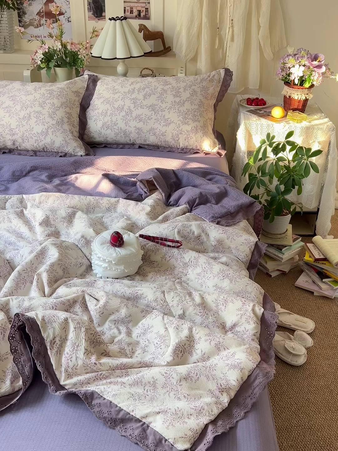 91家纺网 家纺一手货源 找家纺 仟网汇 2026新款彩色花边木棉皱皱纱夏被夏凉被空调被四件套 紫烟