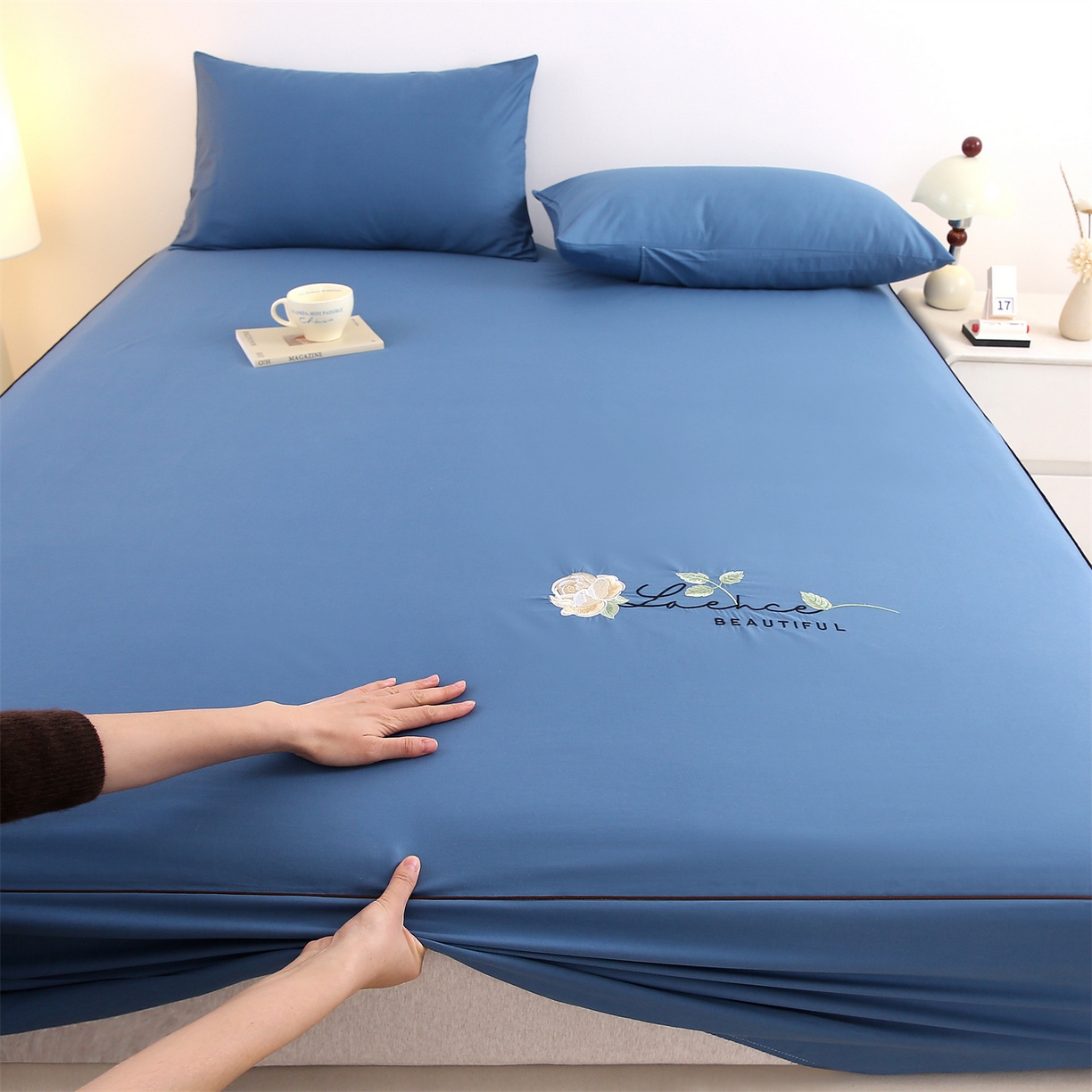 欧妮家纺 2026新款全棉纯棉斜纹刺绣单床笠三件套 一见倾心-深海蓝