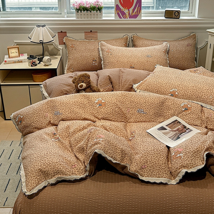 仟网汇 2026新款法式花边泡芙纱四件套 豹纹小猫