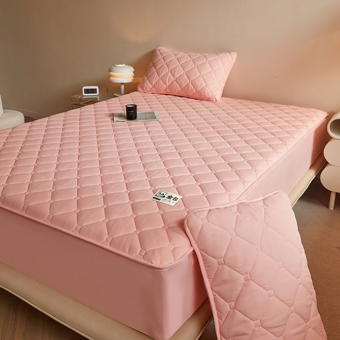 91家纺网 家纺一手货源 找家纺 欧妮家纺 2026新款六面全包夹棉床笠-席梦思保护套 六面全包-粉玉