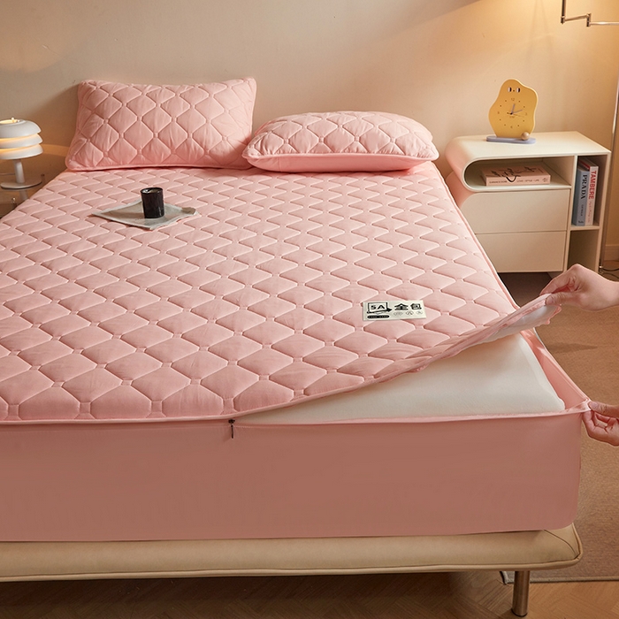 91家纺网 家纺一手货源 找家纺 欧妮家纺 2026新款六面全包夹棉床笠-席梦思保护套 六面全包-粉玉