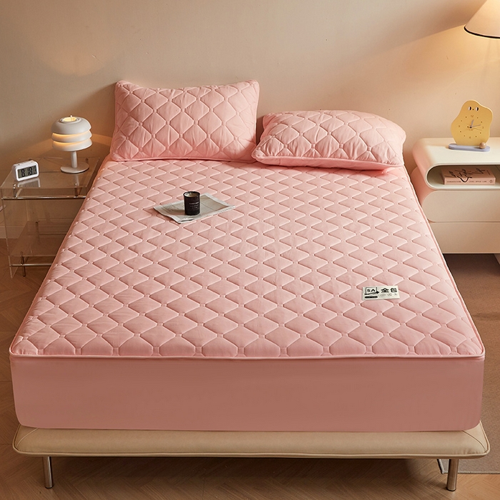 91家纺网 家纺一手货源 找家纺 欧妮家纺 2026新款六面全包夹棉床笠-席梦思保护套 六面全包-粉玉